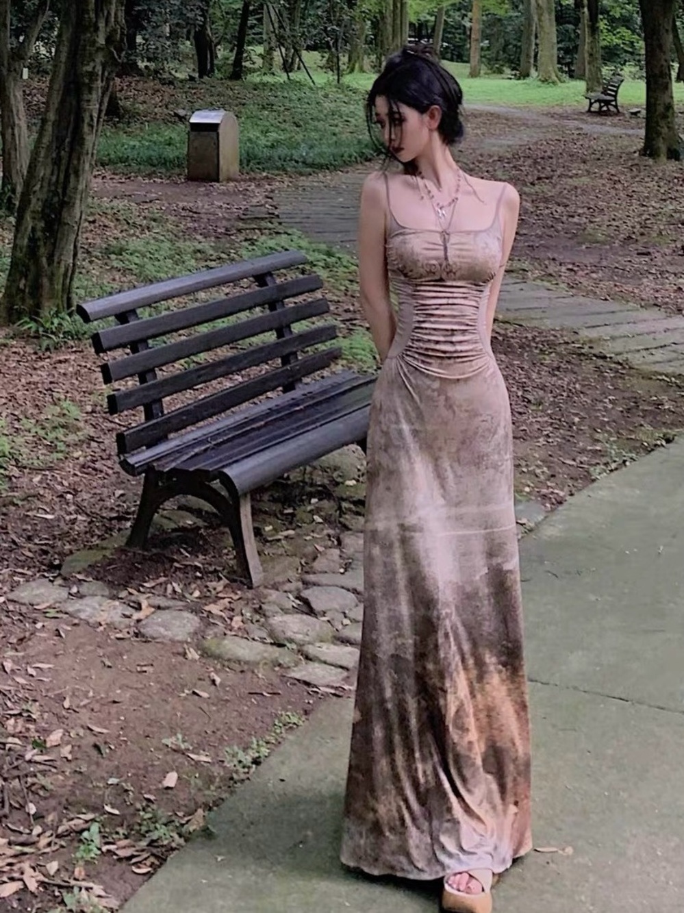 WALK IN DARK Vintage Print Ruched Maxi Dress | Size M | Brown